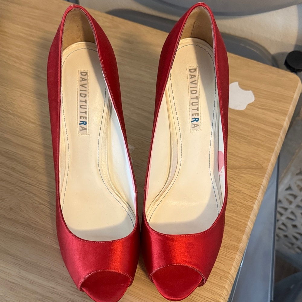 David Tutera Scarlet Satin Peep Toe Heels